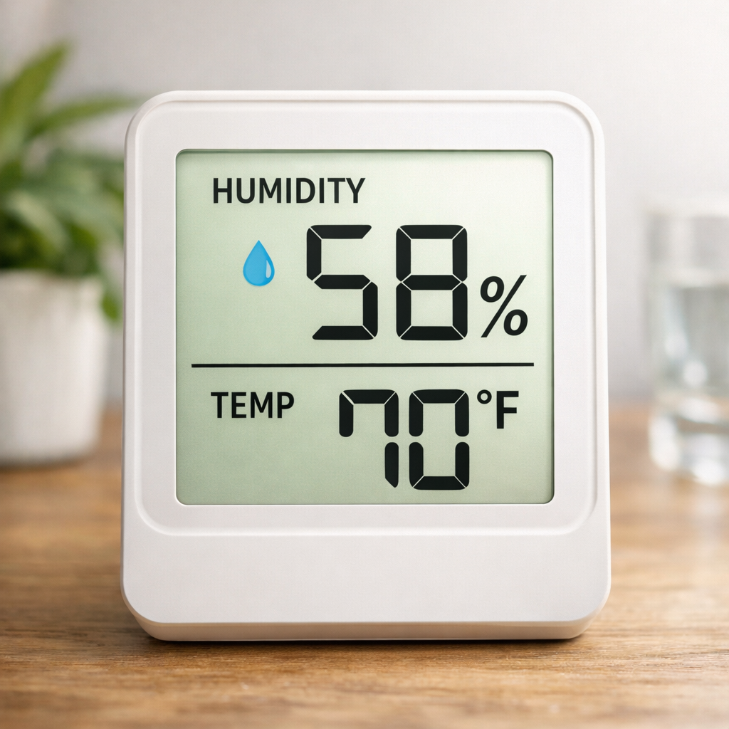digital indoor humidity meter showing 58% RH and 70°F
