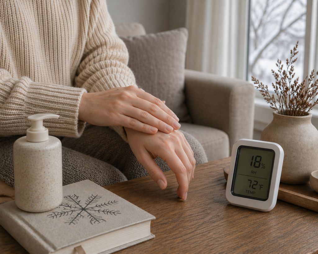 woman putting lotion on hands for dry skin from winter dry air and low humidity