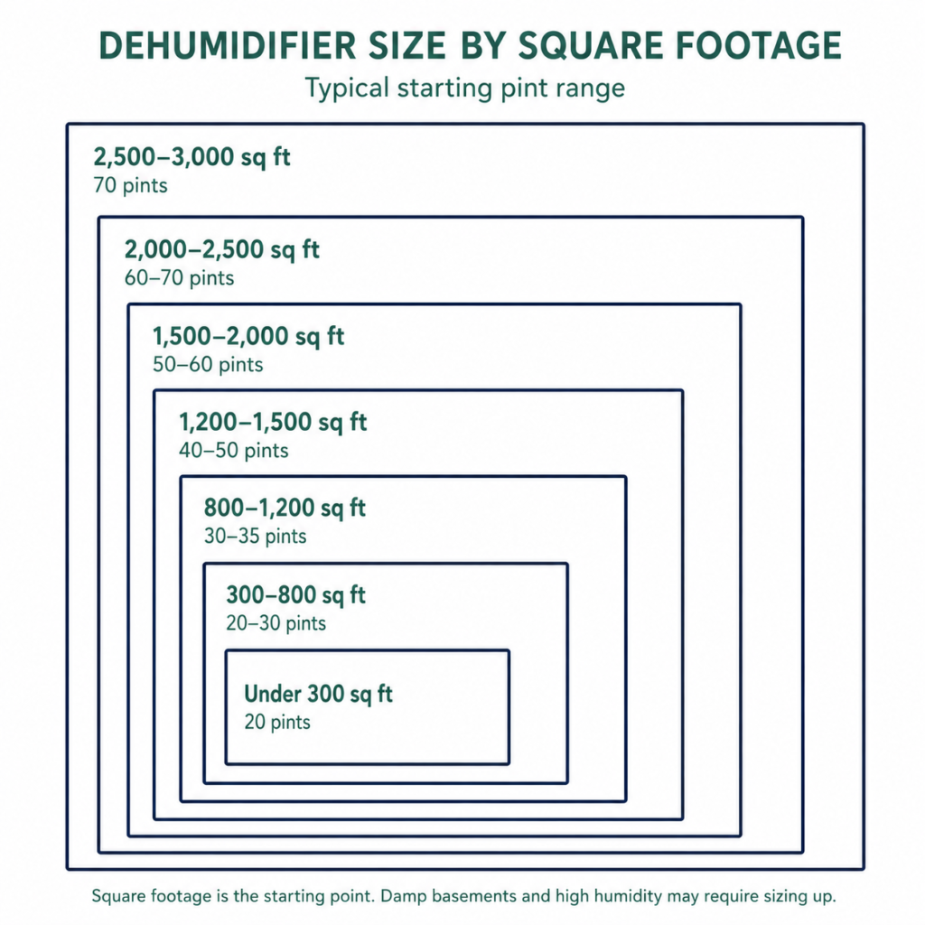 Nested box diagram showing typical dehumidifier pint ranges by square footage from under 300 square feet to 3,000 square feet.