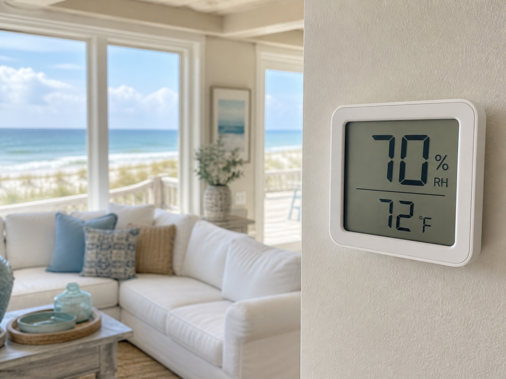 humidity meter showing high indoor humidity in a coastal home