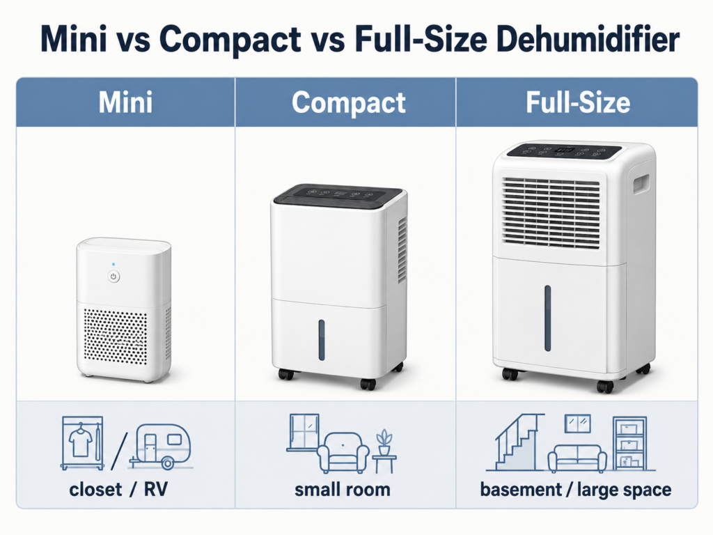 Mini dehumidifiers, compact compressor units, and full-size dehumidifiers solve different problems.