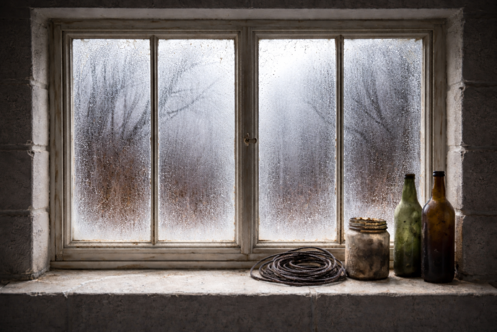 Condensation on a basement window caused by damp indoor air