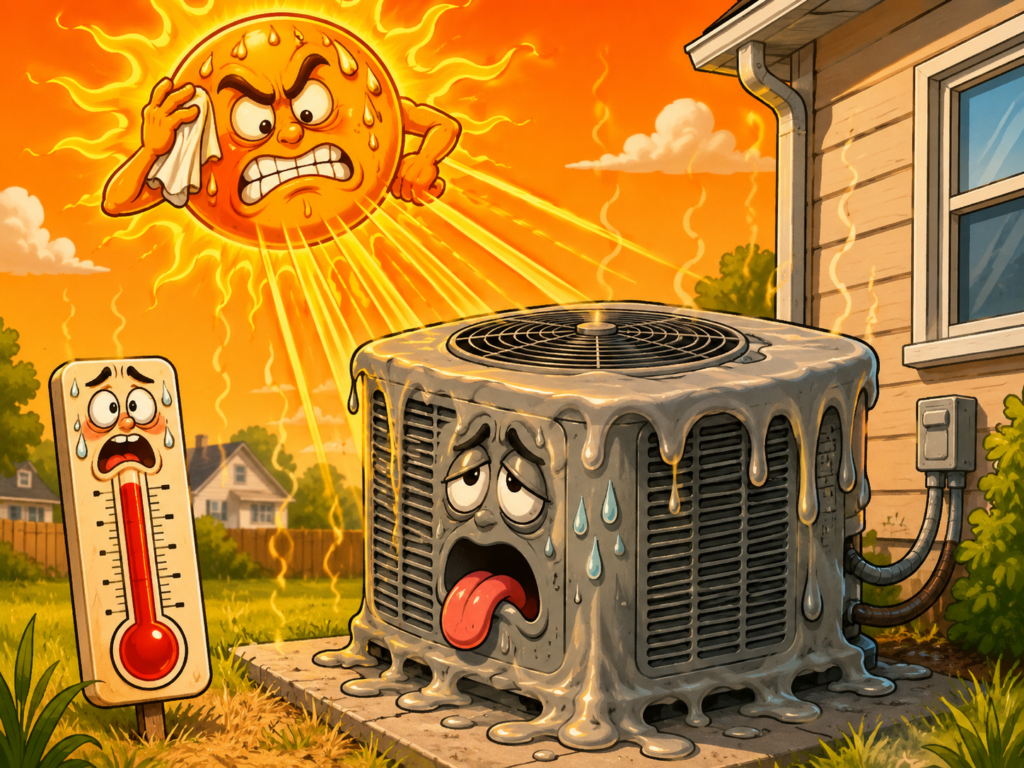 Cartoon sun and overheated outdoor AC unit during a heat wave