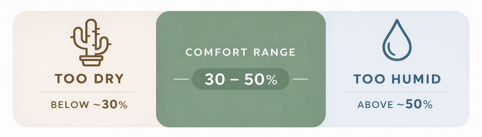 Indoor humidity comfort range showing too dry below about 30 percent, comfort range around 30 to 50 percent, and too humid above about 50 percent