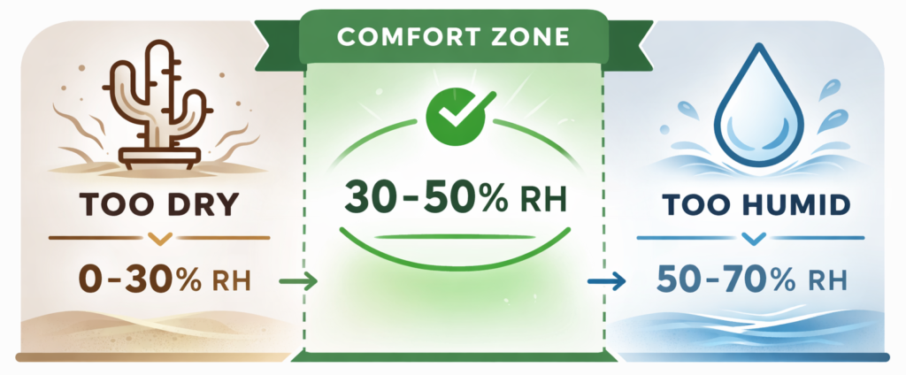 Wide humidity comfort graphic showing too dry, comfort zone, and too humid ranges