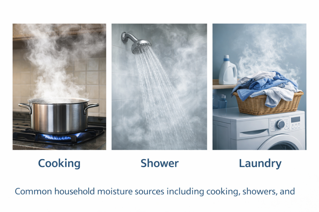 Cooking, showering, and laundry shown as common sources of indoor moisture