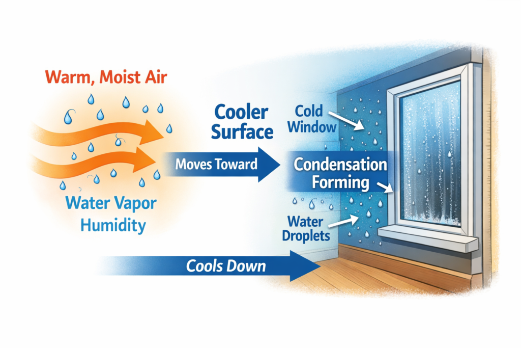 Diagram showing warm moist air cooling against a cold window and forming condensation