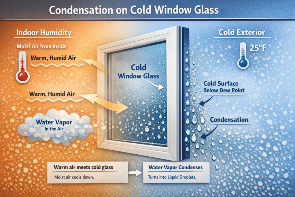 Diagram showing indoor humidity and cold exterior air causing condensation on window glass