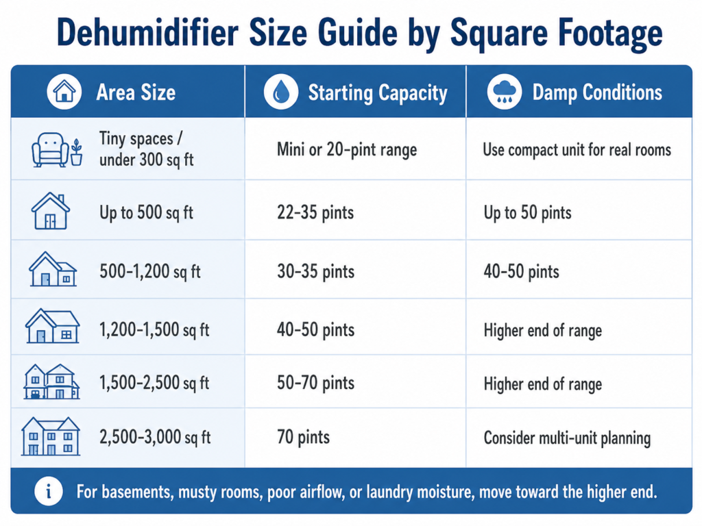 Chart showing dehumidifier size guidance by area and damp conditions
