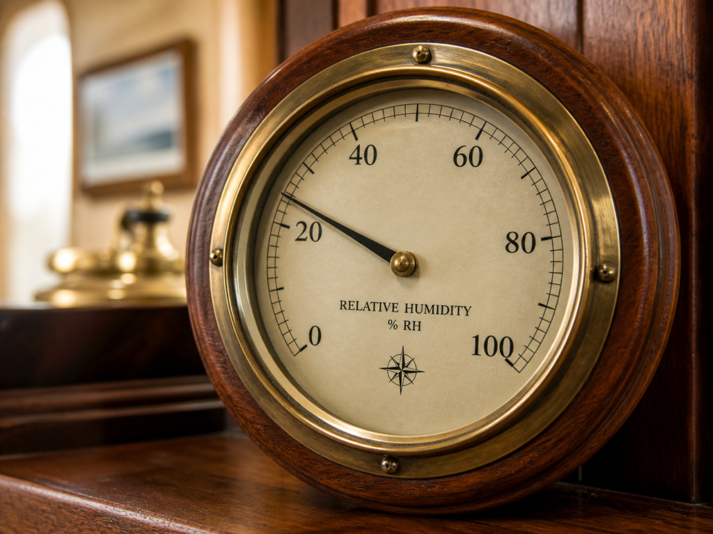 Analog humidity meter showing indoor relative humidity