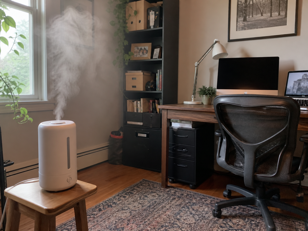 Small portable humidifier running in a home office