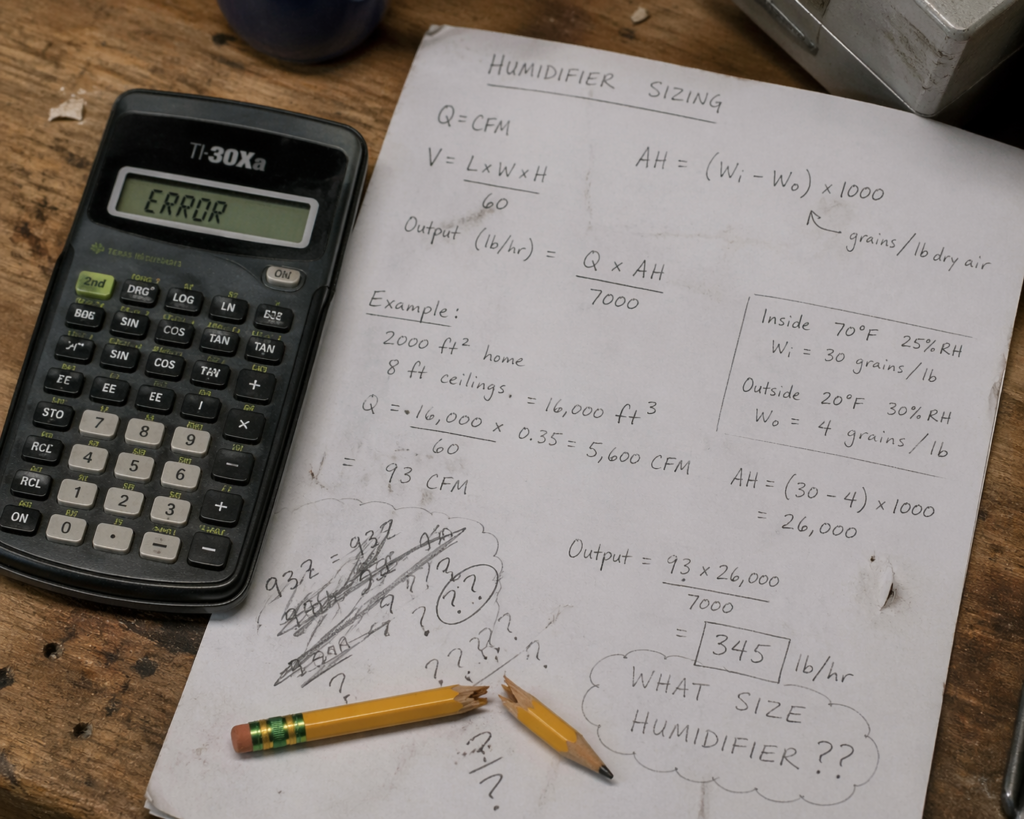 Calculator and handwritten notes used for humidifier sizing calculations