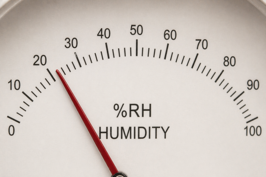 Humidity gauge showing low indoor relative humidity