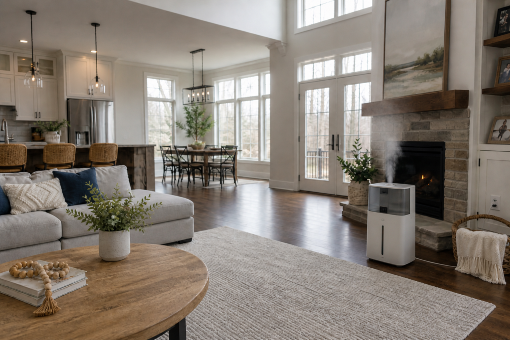 Portable humidifier placed in a large living room