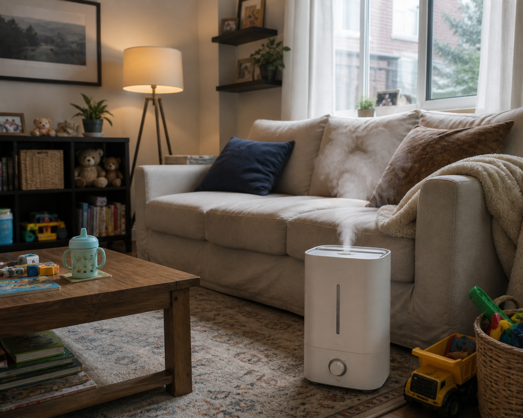 Portable humidifier running in a living room