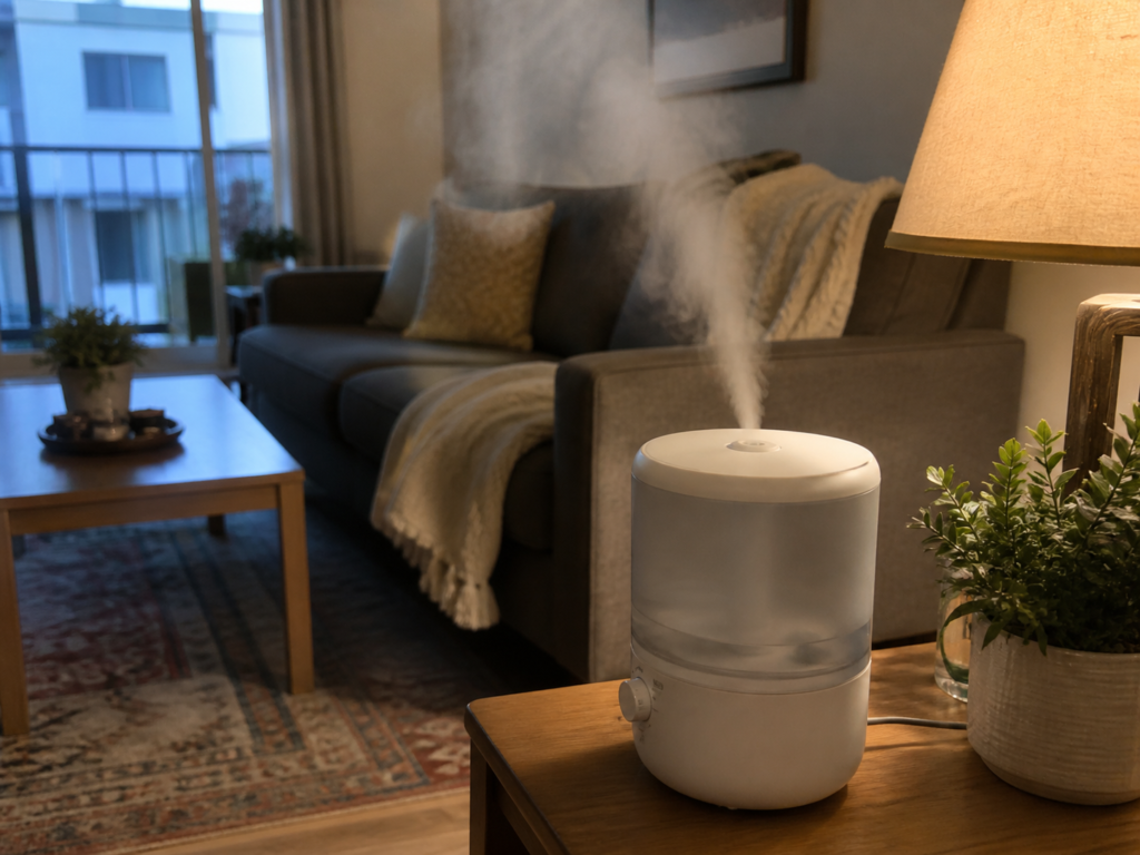 Portable humidifier running in a small apartment living space