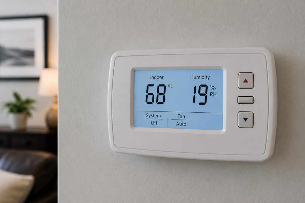 Thermostat and humidistat display showing low indoor relative humidity
