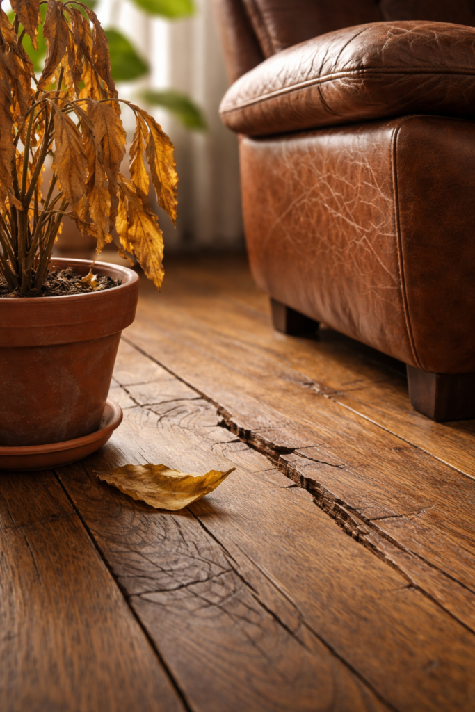 Dry living room with wood floor and indoor dry-air cues