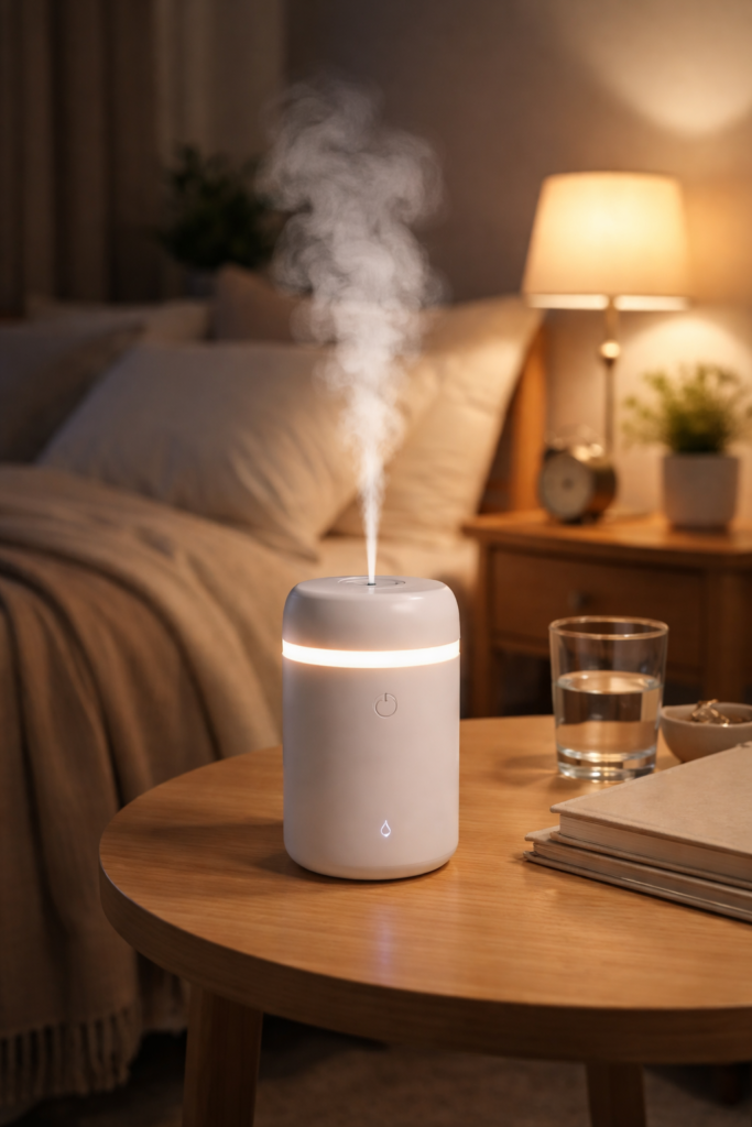 Portable humidifier running on a bedroom nightstand