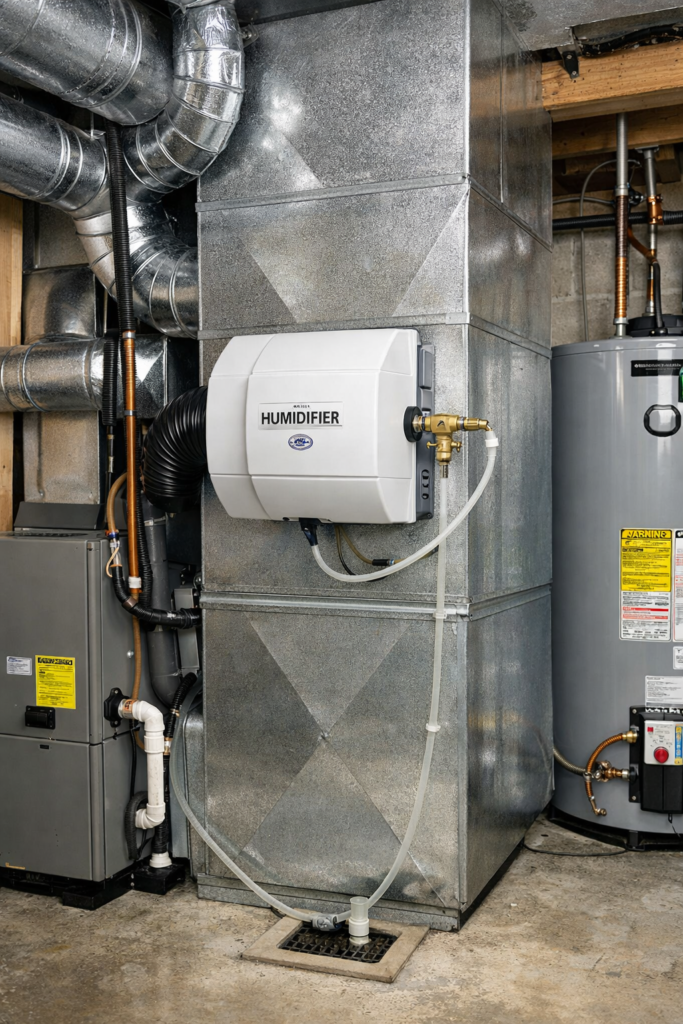 Whole-house humidifier installed with HVAC equipment