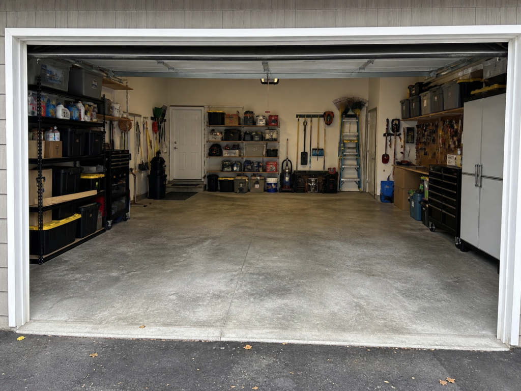 Open residential garage with concrete floor and storage shelves