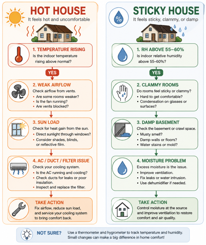 Checklist comparing a hot house caused by AC or airflow problems with a sticky house caused by high indoor humidity.