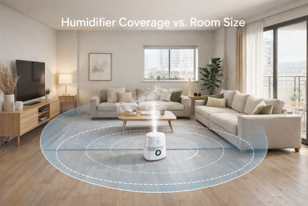 Humidifier coverage graphic showing room-size coverage around a portable humidifier