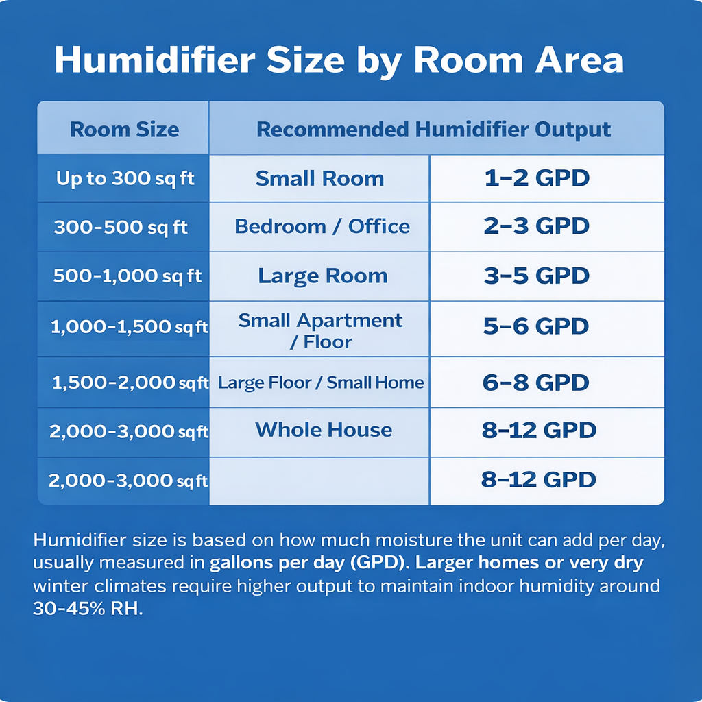Chart showing humidifier output recommendations by room size