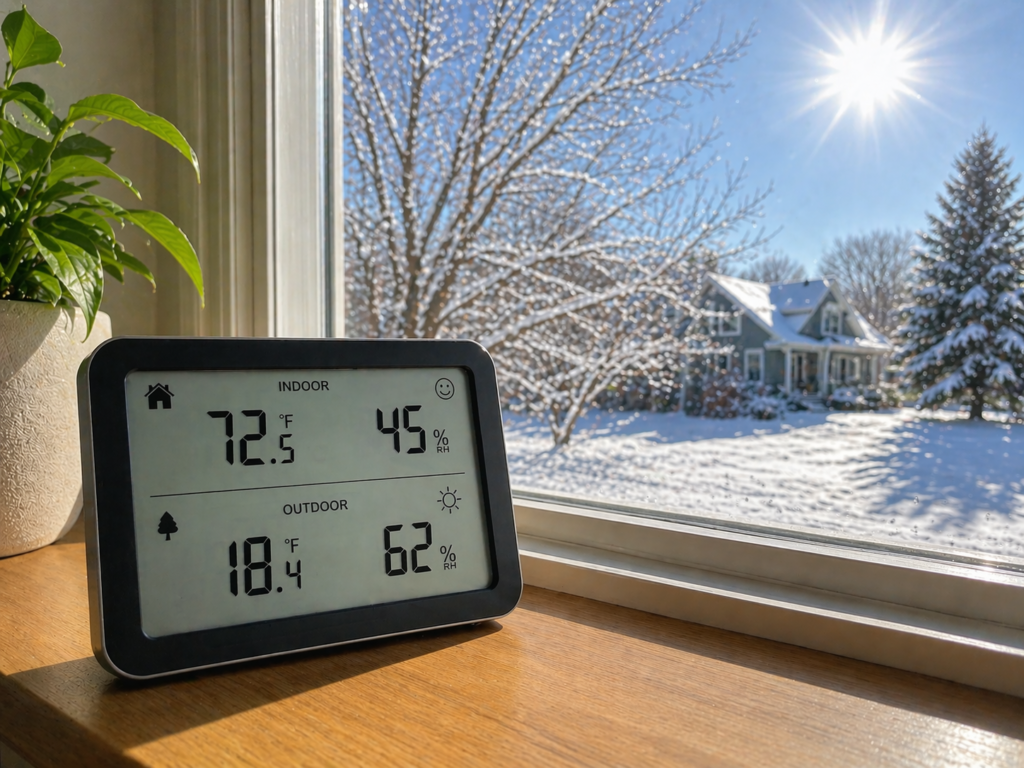 Indoor weather station near a snowy window showing winter indoor readings