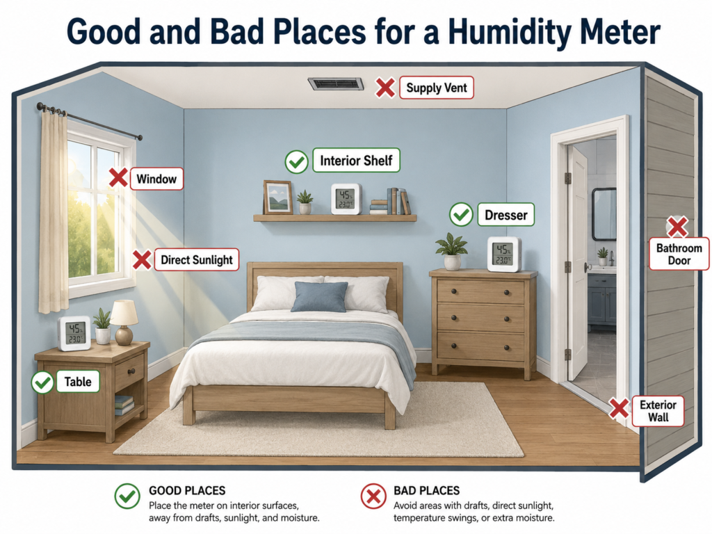 Diagram showing good and bad places to put a humidity meter in a bedroom