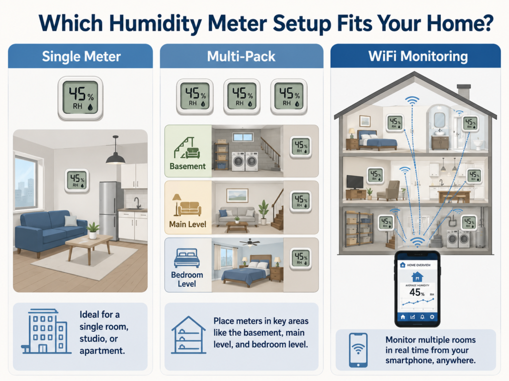 Comparison graphic showing single humidity meters, multi-pack meters, and WiFi monitoring