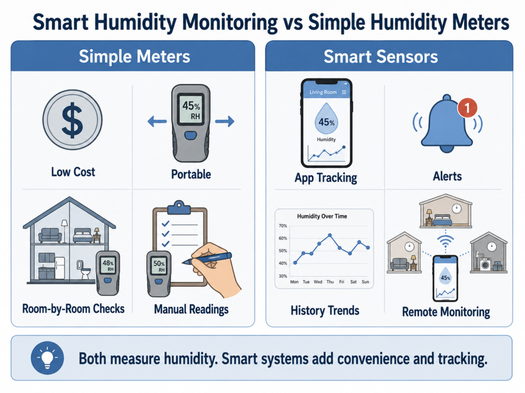 Comparison of simple humidity meters and smart humidity sensors for tracking indoor humidity
