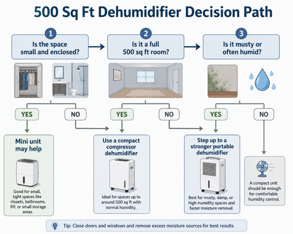 A 500 square foot space often needs more than a mini dehumidifier, especially when the whole room feels damp.