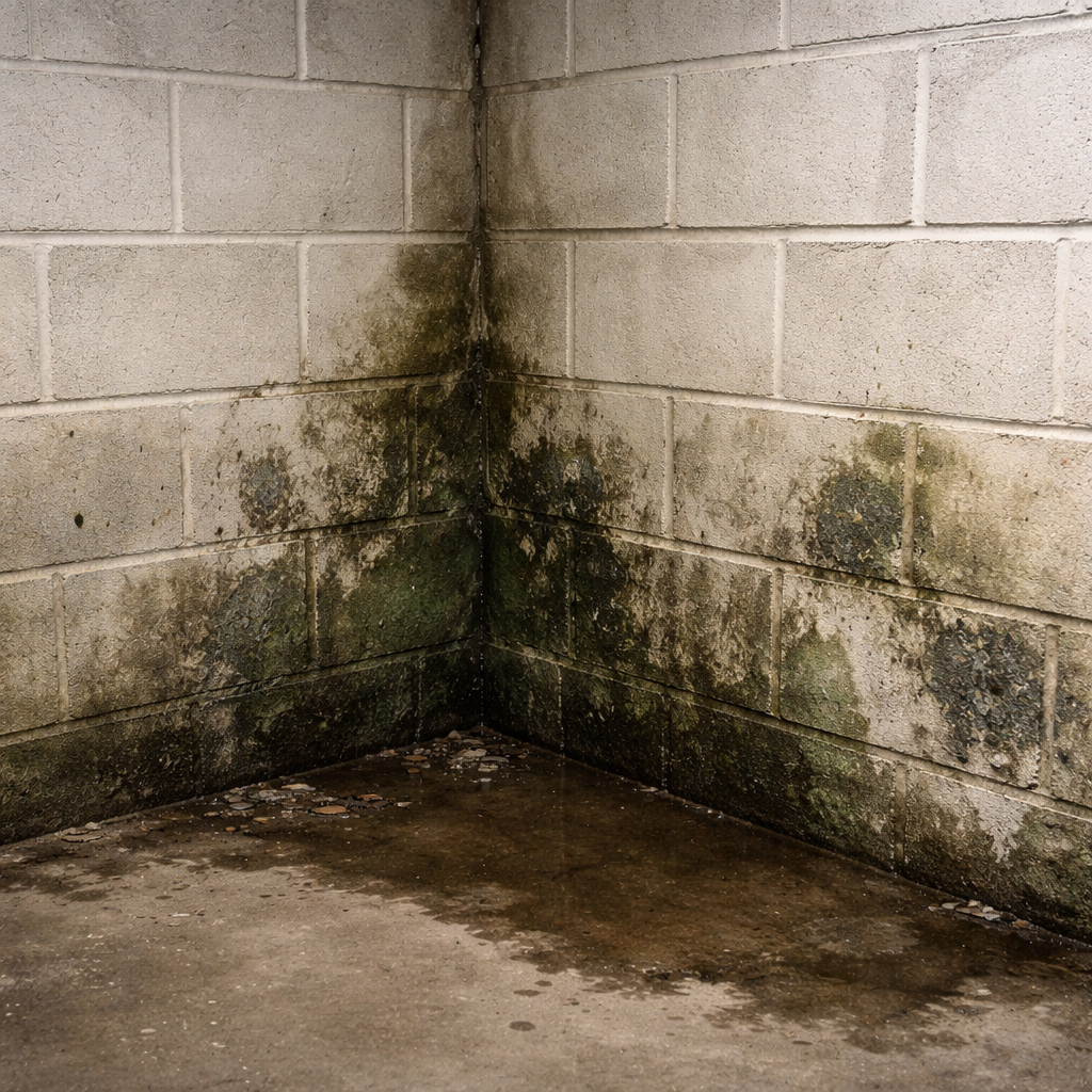 Dark staining in the corner of a damp basement