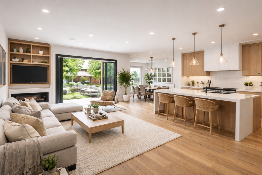 Open floor plan living room and kitchen with connected indoor air space