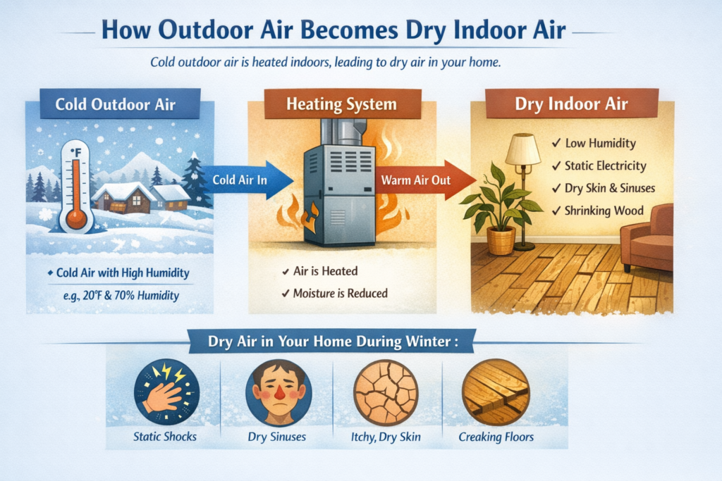 Diagram showing how cold outdoor air can become dry indoor air after heating