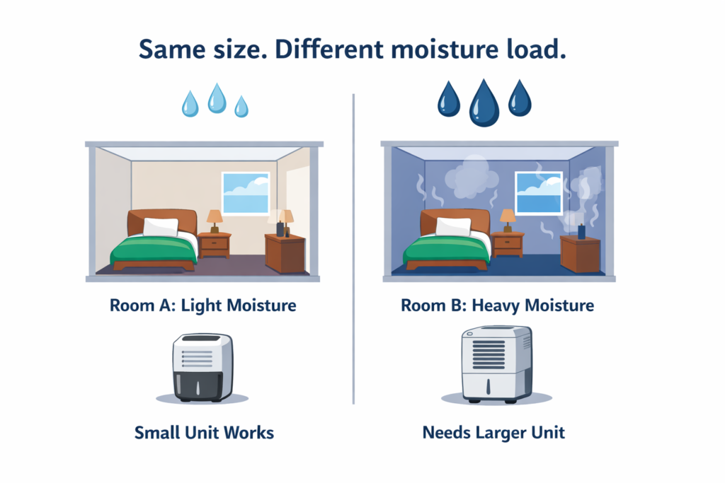 Diagram comparing a light moisture load room with a heavy moisture load room at the same size