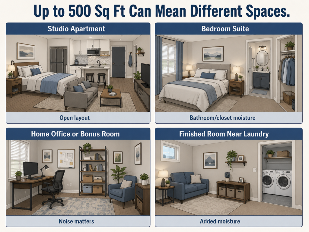 A 500 square foot dehumidifier choice depends on the room type, layout, and moisture source.