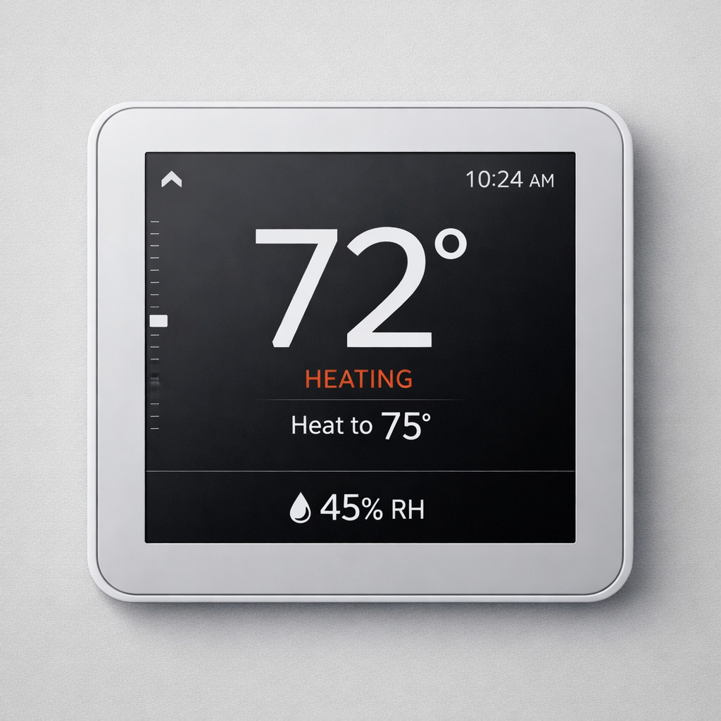 Smart thermostat display showing temperature and indoor relative humidity