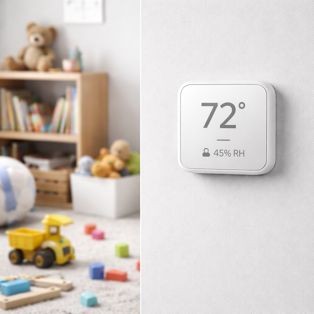 Wall-mounted smart thermostat sensor showing temperature and humidity in a room