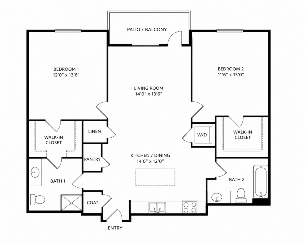 Wireframe floor plan of a two-bedroom apartment showing separated rooms