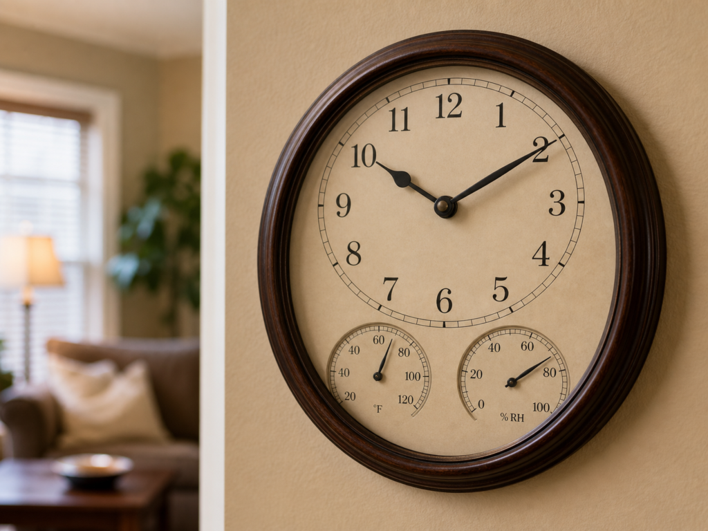 Wall clock with small analog humidity and temperature readings