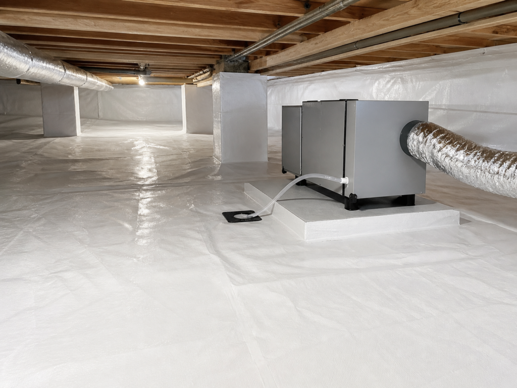 Dehumidifier installed in a sealed crawlspace with ducting