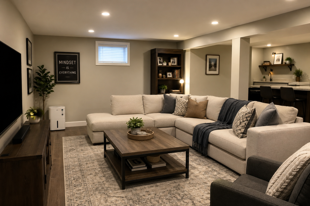 Portable dehumidifier in a finished basement living area