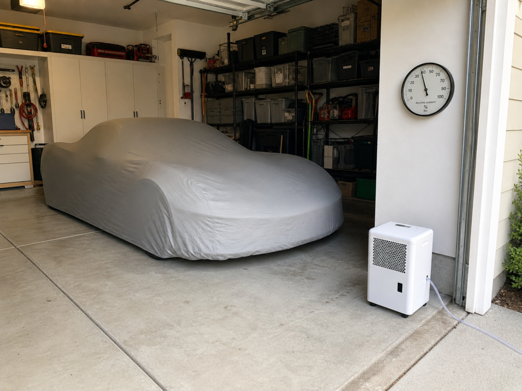 Small dehumidifier in a garage near a covered vehicle