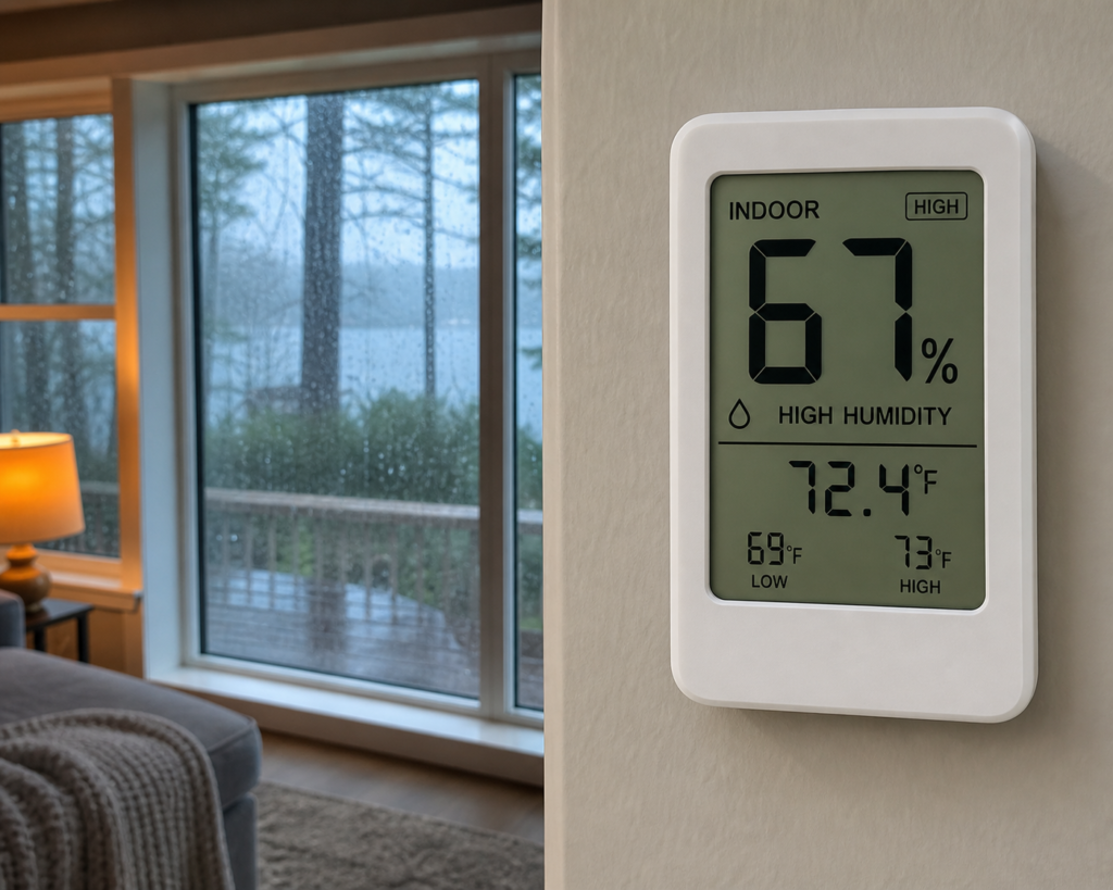 Wall humidity display showing elevated indoor humidity near a fogged window