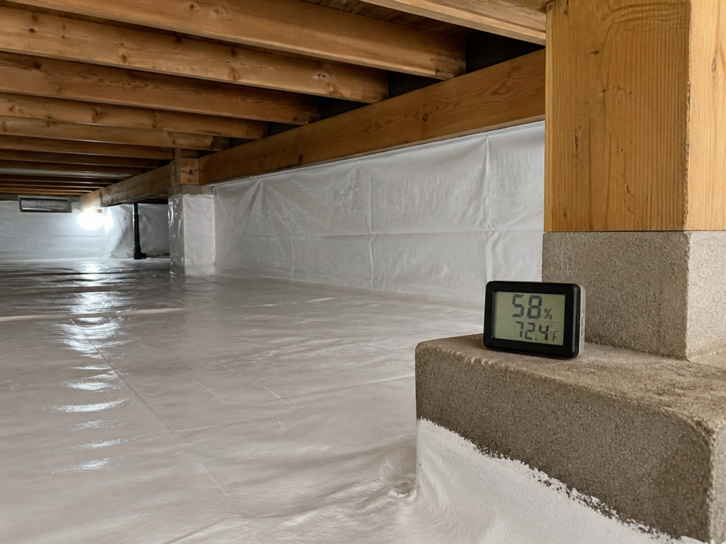 Digital humidity meter placed in a sealed crawlspace