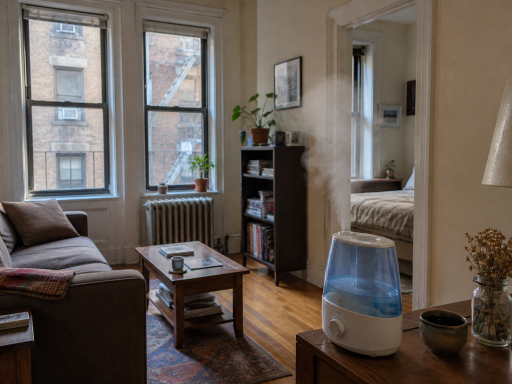Portable humidifier running in a one-bedroom apartment living area