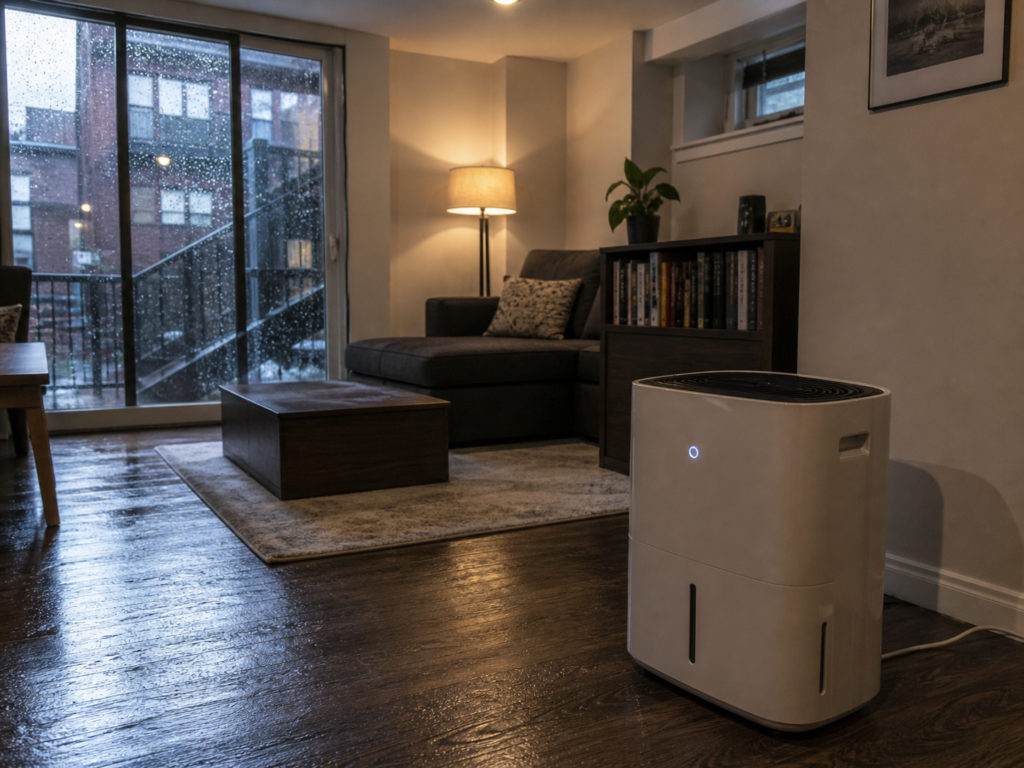 Portable dehumidifier used in a large living room with damp indoor air
