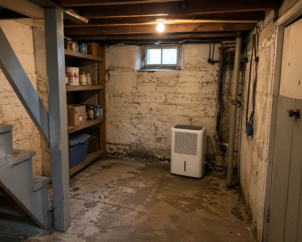 Portable dehumidifier placed in a small unfinished basement